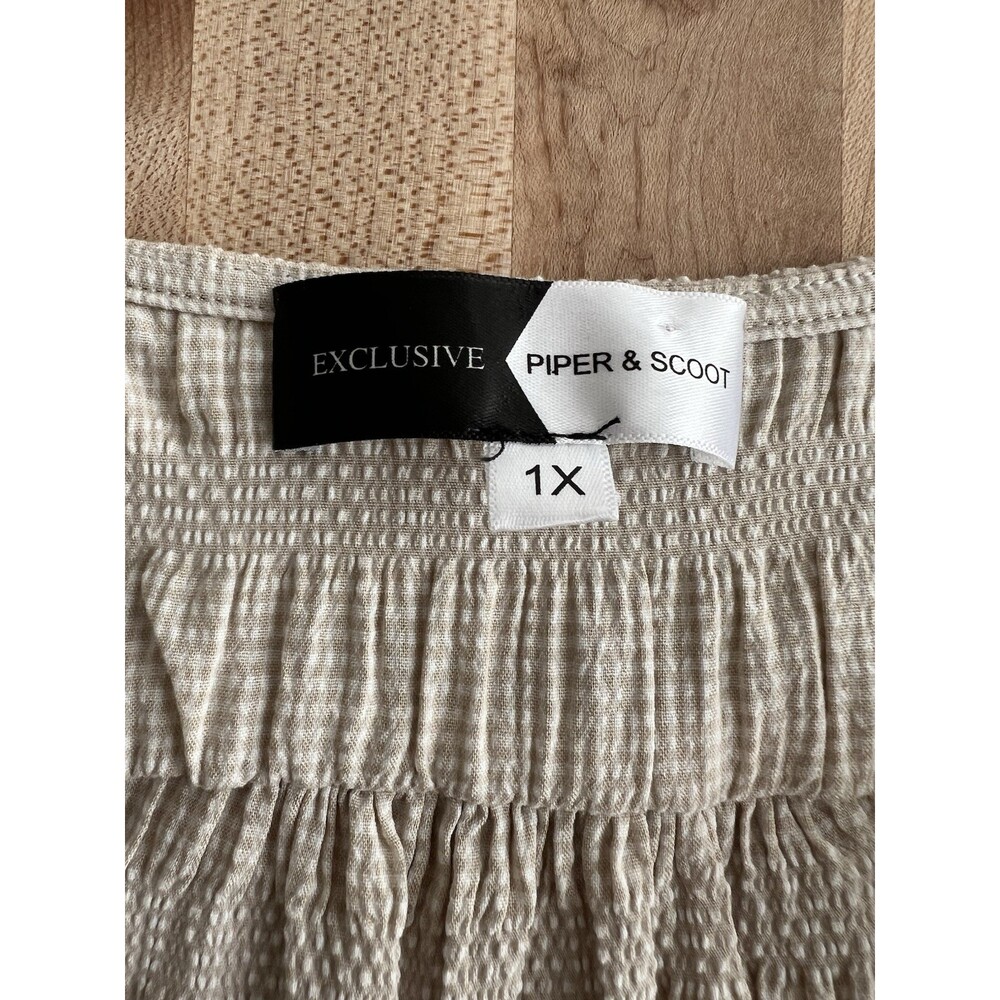 Piper & Scoot Midi Dress Crinkle Ruched Mini Gingham Print Beige White Plus 1X - Picture 6 of 12